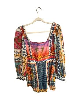 Farm Rio Summer Stitches Romper Medium Patchwork Boho Puff Sleeve NWT